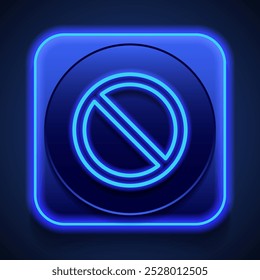 Stop vector simple icon. Flat design. Blue neon style on button. With shadow.ai