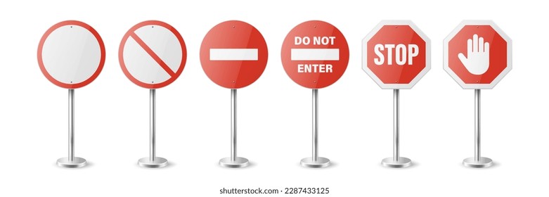 Stop. Vector White and Red Round Glossy Prohibition Stop Sign Icon Set - Warning, Danger Sign Frame Icon Closeup Isolated on White Background. Dangerous Plate Design Template of Road Sign, Front View