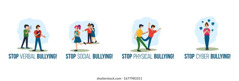 Stop verbal social physical cyber bullying set vector illustration. Encouragement quotes cartoon design. Swearword violence and harassment concept. Isolated on white background