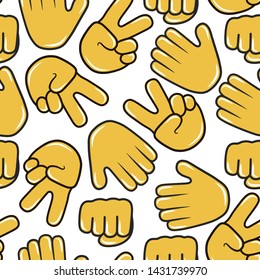 Stop and victory hand emoji seamless pattern. Chat emoticon icon background. Hi and peace gesture and sign.