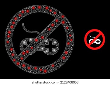 Stop videogames icon and constellation net mesh stop videogames structure with sparkle light spots. Illuminated model generated from stop videogames vector icon and polygonal mesh.