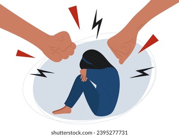 Stop the violence. Abuse. Fists over a girl or woman. Flat vector illustration of hatred, violence, aggression.