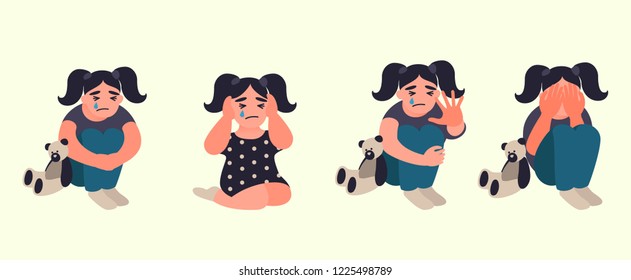 Stop violence and abused children. Little girl is sitting on the floor and crying. Unhappy childhood concept. Childrens traumatic experience. Misbehavior of parents