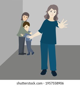 Stop violence against child. Strong mother protects her kids. Scared girl and boy stand in the corner. Children victims aggression. Family abuse Vector illustration
