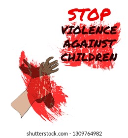 Stop violence against children. Red paint flat design vector illustration. Man's hand holding black, dark skinned kid's hands. White background.