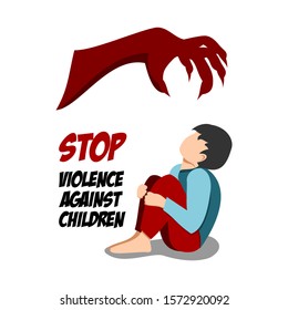 Stop violence against children. Young sad boy sitting and unhappy hugging his knees. Young boy in depression illustration.