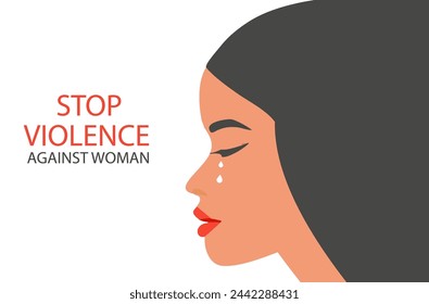 Stop violence against woman concept for the International Day for the Elimination of Violence against Women, woman crying face vector illustration