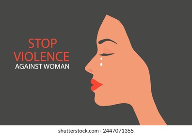 Stop violence against woman concept for the International Day for the Elimination of Violence against Women, woman crying face vector illustration