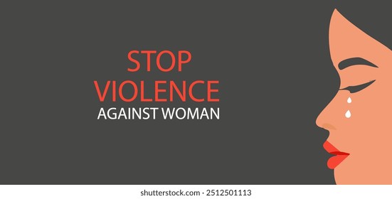 Stop violence against woman concept for the International Day for the Elimination of Violence against Women, woman crying face vector illustration