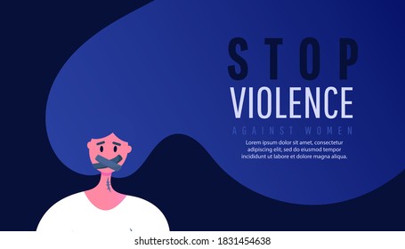 Stop violence against women awareness concept. Sad girl with a sealed mouth and bruises on her body with text on blue background