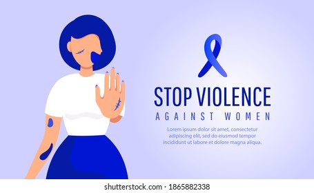 Stop violence against women awareness of young girl with bruises and abrasions and text. Woman victim