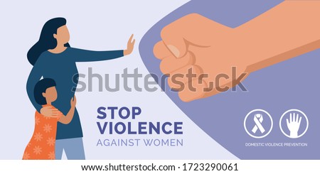 Stop violence against women awareness: mother protecting her daughter and herself and reacting against domestic violence