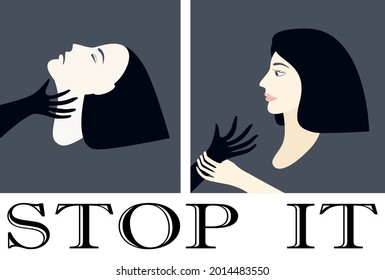 Stop Violence Against Women Concept Black Hand Shadow Act To Strangle Woman Neck Woman Hand Holding Black Hand And Stop It Isolated Vector Illustration On White Background