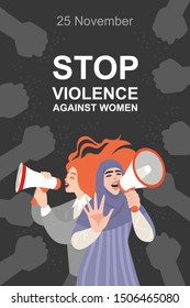 Stop violence against women conceptual illustration with two women protesting with megaphones in their hands. Image for banner or postcard in flat style.