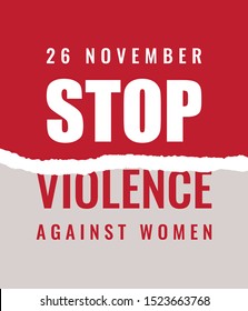 Stop Violence Against Women slogan with ripped off paper on red background. Vector concept 