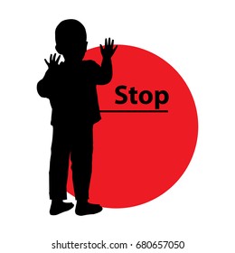 Stop violence children. Logo. Illustration for your design. Boy silhouette and red circle with text.