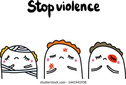 Stop violence hand drawn vector illustration in cartoon style. Women injired beaten lost lonely upset depressive