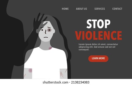 Stop Violence Landing web page template. Woman Victim suffer from physical and mental violence. Angry man shadow shout and attack her. Conflict, Domestic abuse concept.  Flat vector illustrations.