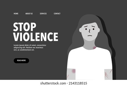 Stop violence landing web page template. Depressed girl with traces of beating on body, suffer from physical and mental violence. Social problem, domestic abuse concept. Flat vector illustration.