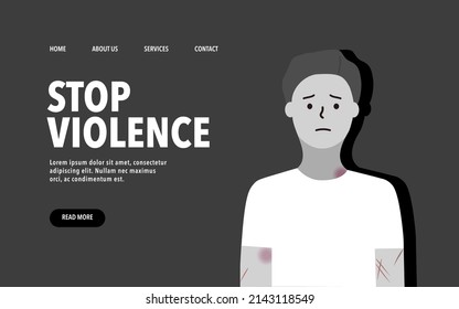 Stopp der Gewalt Landung Webseite Vorlage. Depressive Junge mit Spuren des Schlägens auf Körper, leidet an körperlicher und geistiger Gewalt. Soziales Problem, häusliches Missbrauchskonzept. Flache Vektorgrafik.