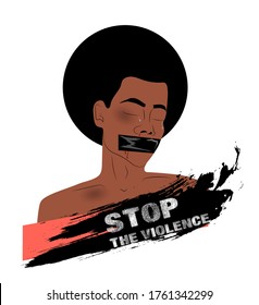 Stop the violence. Man crying with sealed mouth. Bruises on the body. Beating marks. Vector illustration.