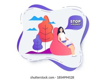 Mensaje para detener la violencia. Icono de trabajo en línea remoto. Mujer trabajando en una laptop. Cita de protesta de la manifestación. Lema activista de la revolución. Icono de trabajo en línea. Pancarta para detener la violencia. Vector