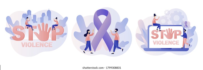 Stop violence sign. Purple ribbon as symbol domestic violence. International day for the elimination of violence against women. Modern flat cartoon style. Vector illustration on white background