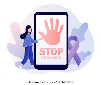Stoppen Sie den Text der Gewalt auf dem Bildschirm Smartphone. Lila Band als Symbol häuslicher Gewalt. Internationaler Tag zur Beseitigung der Gewalt gegen Frauen. Moderner, flacher Cartoon-Stil. Vektorgrafik