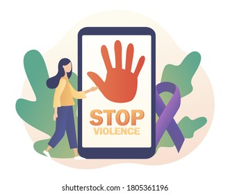 Stop violence text on screen smartphone. International day for the elimination of violence against women. Purple ribbon as symbol domestic violence. Modern flat cartoon style. Vector illustration