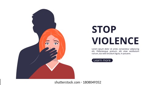 Parar el concepto de página de aterrizaje de vectores de violencia. El hombre cubre la boca de la mujer con la mano. Personaje femenino con lágrimas en los ojos. Violencia doméstica y agresión contra la mujer. Problemas sociales.