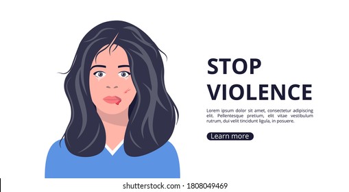 Stop violence vector landing page concept. Domestic Violence. Female character with injuries on her face. Abuse of women. Social problems and aggression.