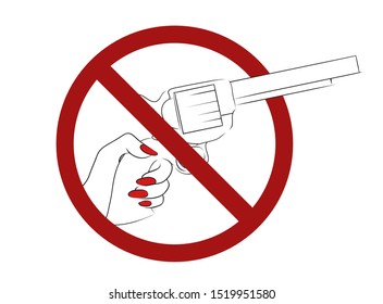 Stop violence and war. Outline drawing of a pistol with hand in prohibition sign. Ban on the kill. Vector element for logos, icons, articles and your design.