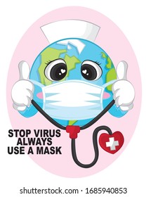 Stop virus always use mask. Coronavirus / Corona virus concept. world/ earth put mask to fight against Corona virus. Concept of fight against virus. climate change concept.