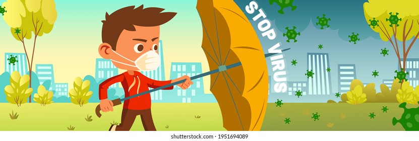 Stop virus banner. Coronavirus and infection protection, quarantine and health safety concept. Vector cartoon poster with boy in mask with umbrella protects from covid 19 spread on city background