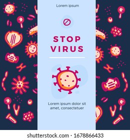 Stop Virus banners set with doodle bacterium icons, cell infection, medical concept, coronavirus illustration