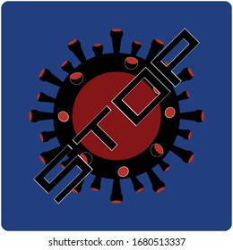 Beenden Sie das Virus-Schwarz-Rot-Logo mit Text auf blauem Hintergrund mit abgerundeten Ecken