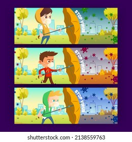 Stop virus cartoon banners, little boys wear medical mask staying with umbrella protect from covid19 cells rain falling down from sky. Children protection of coronavirus disease, Vector illustration