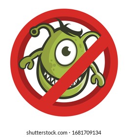 Stop virus. Cartoon virus character vector illustration on white background. cute fly germ virus infection or funny micro bacteria character. microbe, pathogen, virus icon.