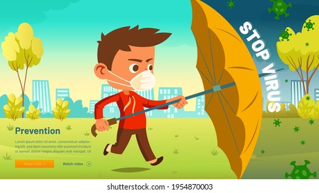 Stop virus cartoon web banner, little boy in medical mask with umbrella protect from covid19 cells rain falling down from sky. Child walking in park during coronavirus pandemic, Vector illustration