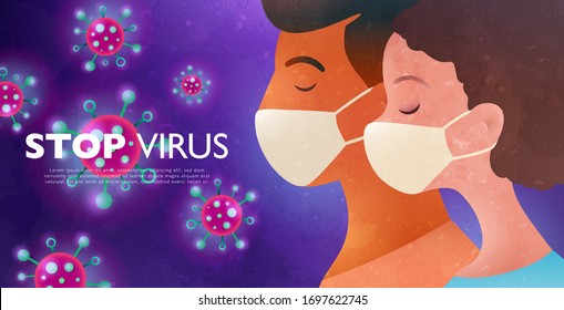 Stop virus concept illustration. Man and woman wearing face masks protecting themselves from the virus. Vector design banner template.