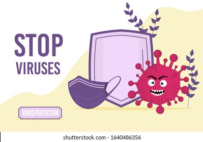 Stop Virus concept vector illustration. Shield and mask protection from viruses infection micro bacteria character. Microbe, Pathogen science China coronavirus danger organism. Patogen epidemic.