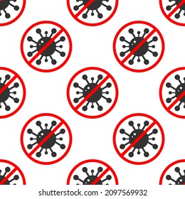 Stop virus, coronavirus conceptual vector seamless pattern background with virus icon and red forbidden sign.
