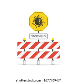 Stop  virus danger icon in flat style. Biological hazard risk symbol. Coronavirus microbe 2019-ncov on road sign. Influenza pandemic, Medicine, health or healthcare concept. Vector EPS 10.