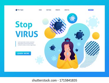 Stop the virus. The girl suffers from a runny nose, cold, flu. Bacteria are flying around. Flat 2D character. Landing page concepts and web design.