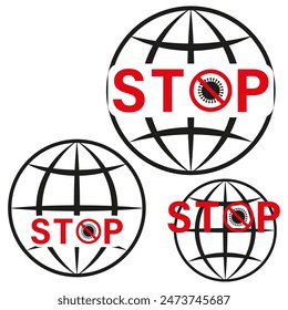 Detener icono de virus. Globo con texto rojo. Blanco y negro. Ilustración vectorial.