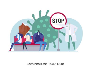 Stop virus infection, vector illustration. Doctor encourage sick people character to prevent disease, flat man woman sit near huge illness bacteria.