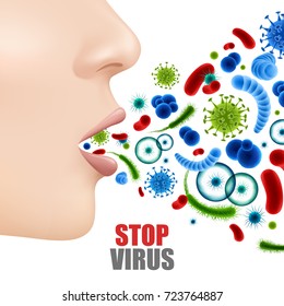 Stop virus poster with realistic colorful microbes and female face with open mouth 3d vector illustration