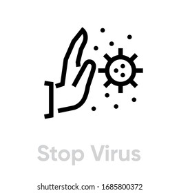 Stop Virus Spread icon. Editable line vector. Element palm human hand holds back logo microbe infection. Single pictogram.