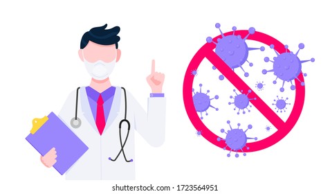 Stop virus vaccination banner concept flat style design poster. Doctor employee on it holding clipboard with stop viruses sign isolated on background. Medical awareness flu, polio influenza banner.