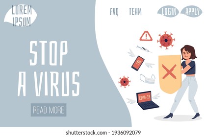 Stop a virus webpage with woman reflecting virus, flat vector illustration.